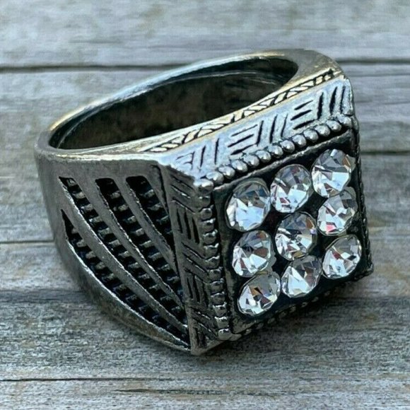 Other - Men Ring Silver Tone Antique Style Crystal Accent Men Fashion Jewelry Size 8.5